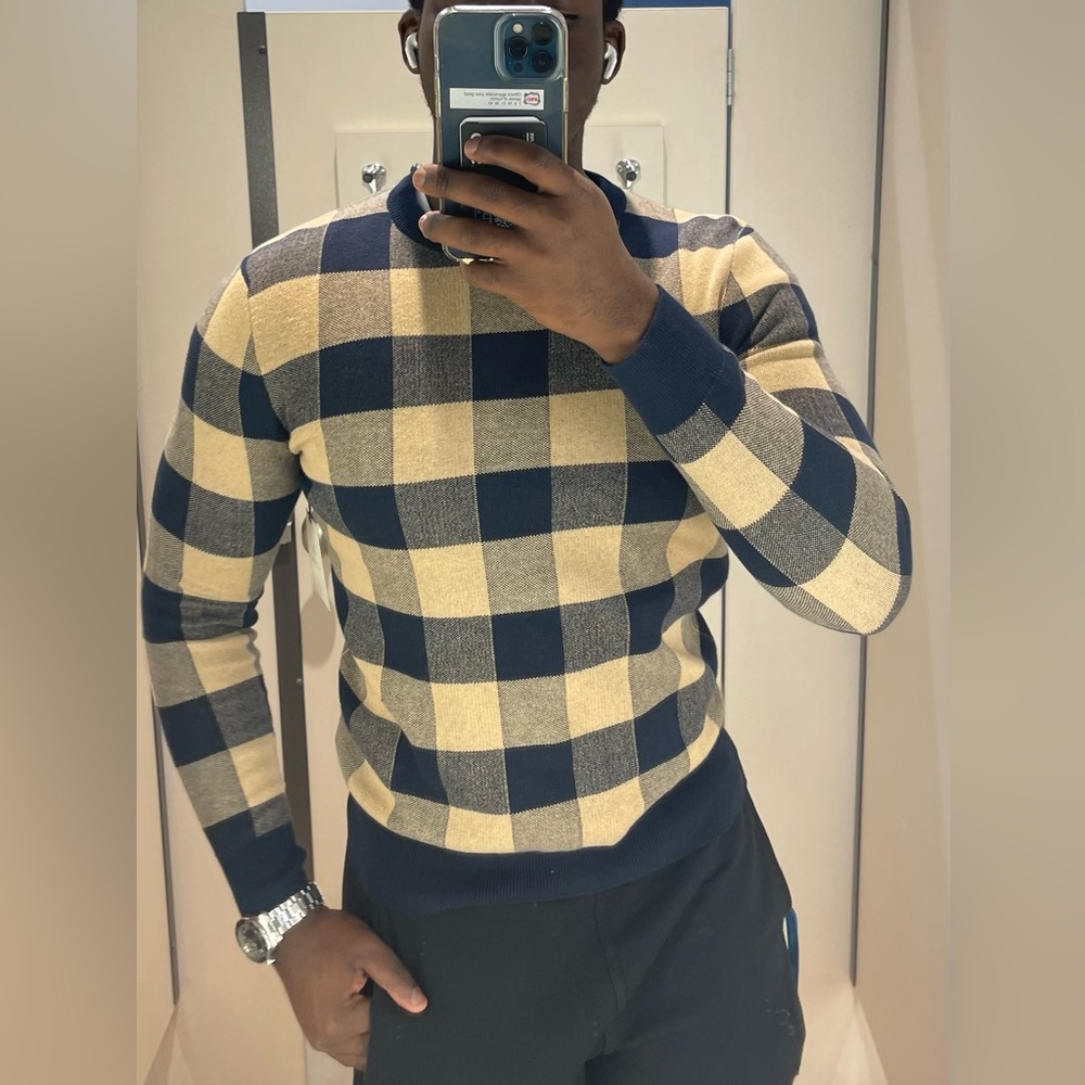 Tan and Navy Plaid Sweater